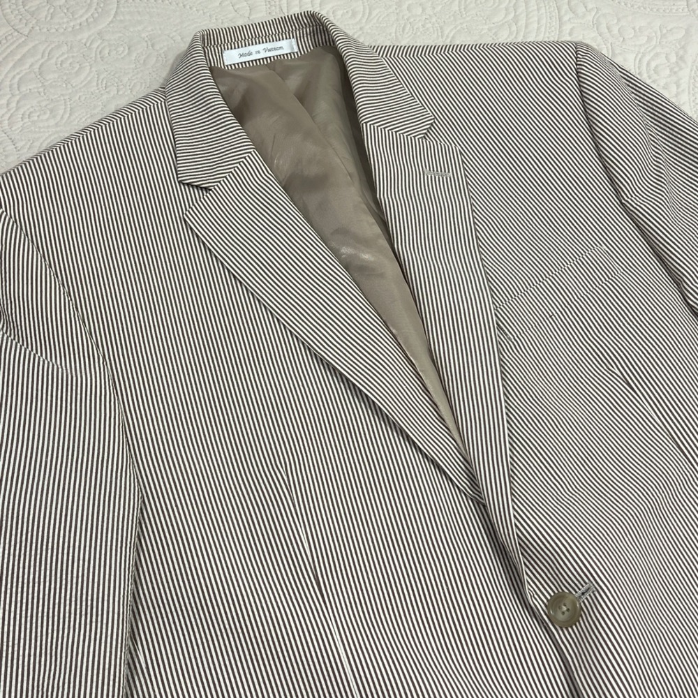 Chaps Mens 44R Seersucker Sport Coat Blazer Brown White Stripe 100% Cotton